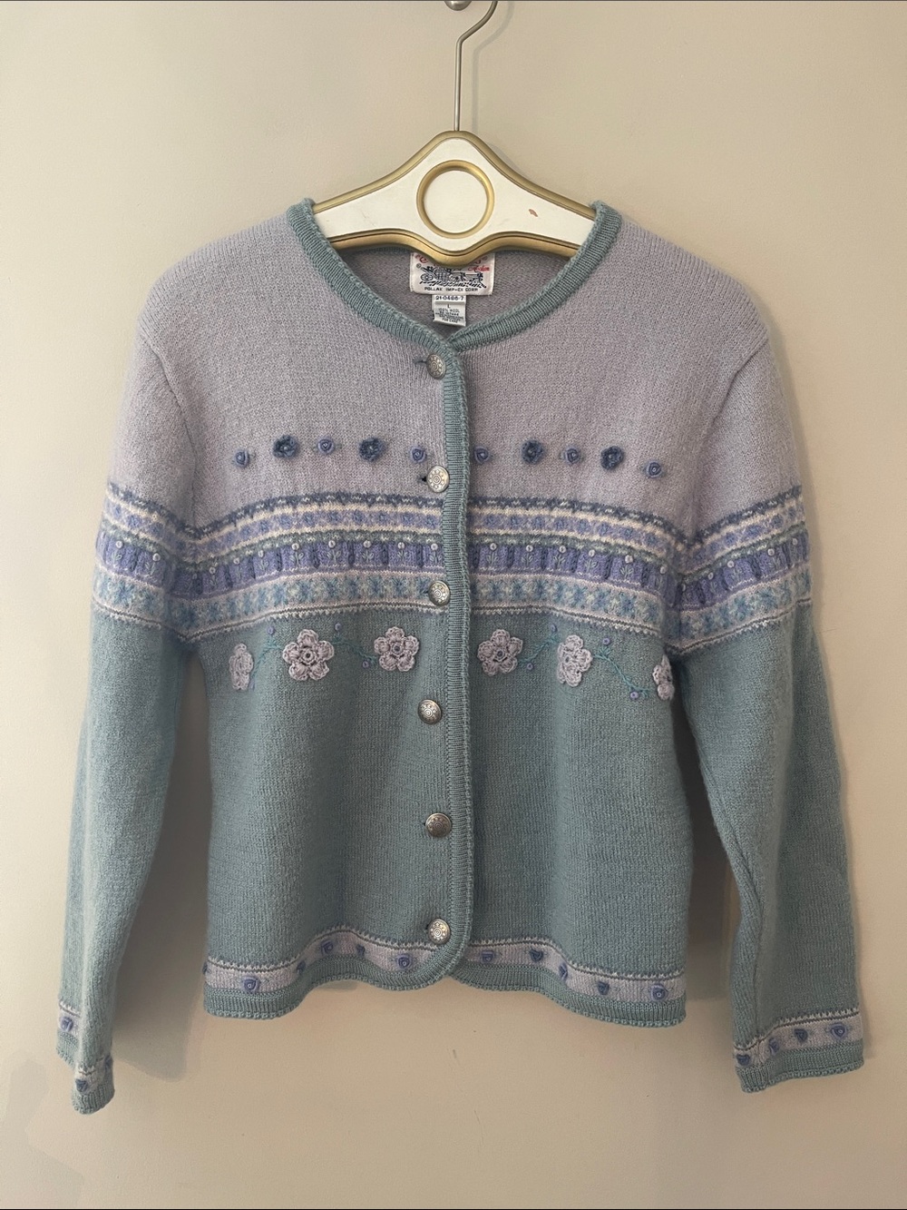 Vintage Tally-Ho Wool Fair Isle Knit Cardigan Sweater Size Large Lavender & Sage